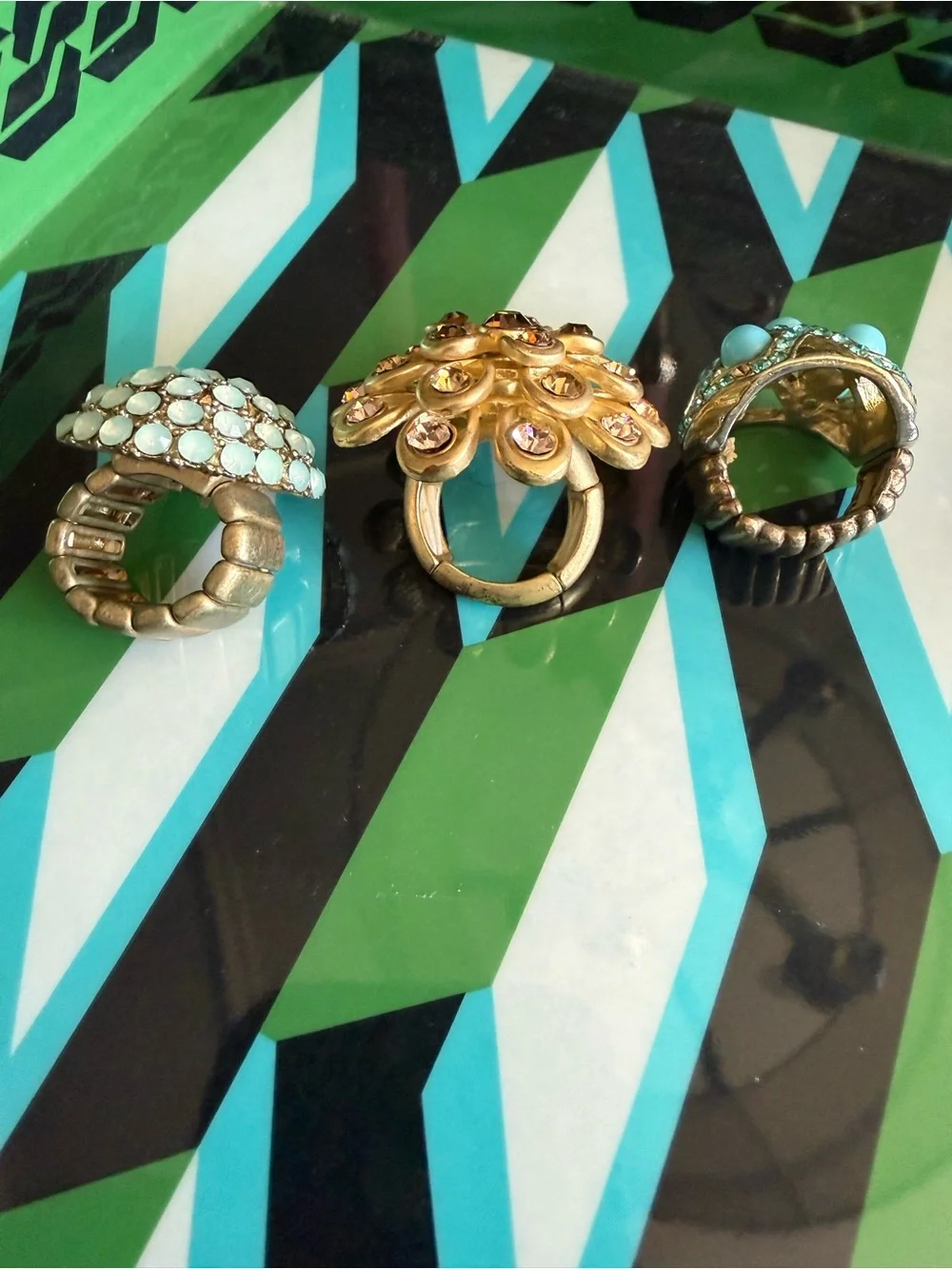 Cocktail Ring Lot of 3: Gold Floral Cocktail Rings with Crystals & Stones
